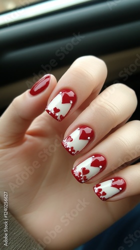 Trendy red and beige heart nail design showcased on stylish hand in cozy setting