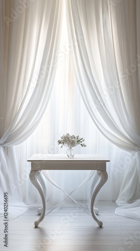 Elegant white table with a vase of flowers and soft curtains in a serene indo...