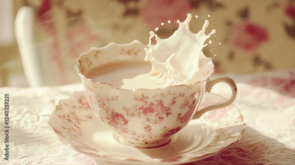 Fototapeta premium Delicate Tea Cup Splashing Milk Foam