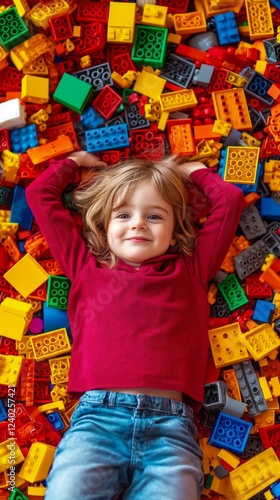 Child enjoying fun time playing with colorful building blocks in a bright ind...