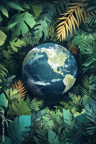 Vibrant Earth surrounded by lush green foliage in a tropical ecosystem