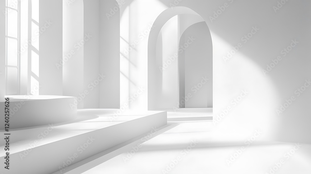 Obraz premium Minimalist white architecture interior with sunlight, arches, and platforms.