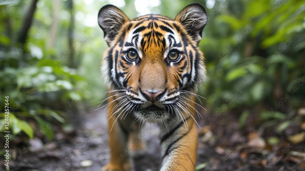 Fototapeta premium Close up portrait of a powerful and majestic tiger roaming freely in a protected forest reserve showcasing conservation efforts to preserve this endangered species and its natural habitat