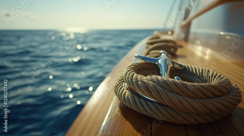 Sailing into the sunset with ropes on the deck and vibrant clouds in the sky