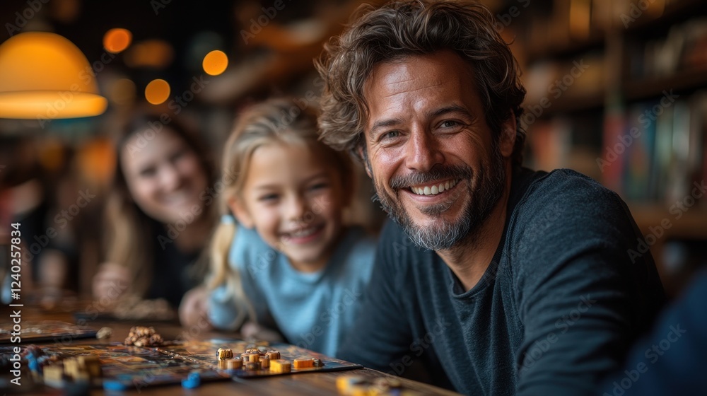 Family enjoying board games in cozy café with warm ambiance Family enjoying board games in cozy café with warm ambiance
