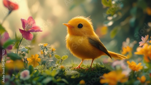 Cute yellow bird stands on lush green moss surrounded by colorful flowers in ...