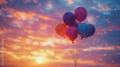 Colorful balloons floating against a vibrant sunset sky creating a festive at...