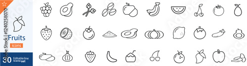 Set of 30 outline icons related to food product classification .Linear icon collection. Editable stroke. Vector illustration . A Collection Of Fruits Vegetables Icons Collection . Editable stroke
