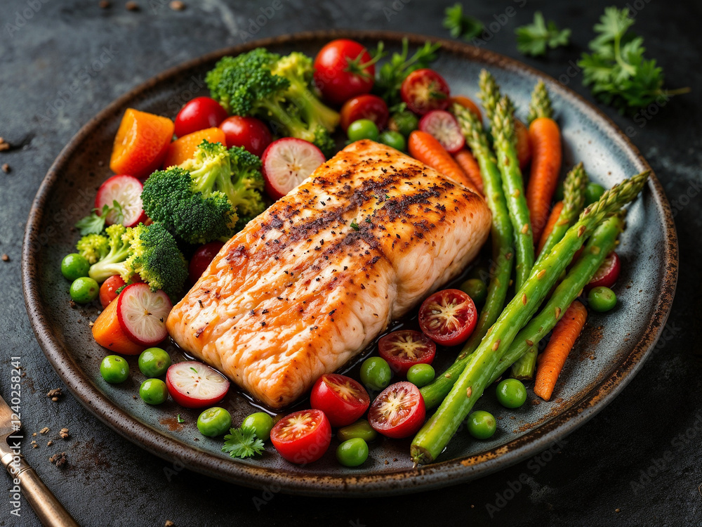 Grilled salmon displays alongside colorful vegetables served on a rustic plate for a healthy meal Grilled salmon displays alongside colorful vegetables served on a rustic plate for a healthy meal