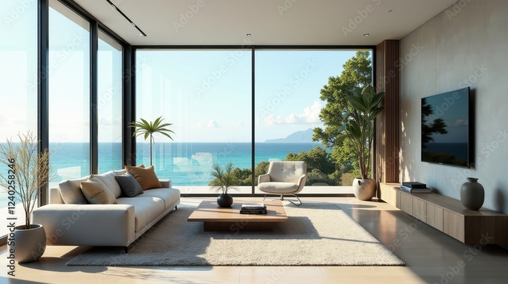 Fototapeta premium Oceanfront Living Room Modern Design with Panoramic Views and Stylish Furnishings