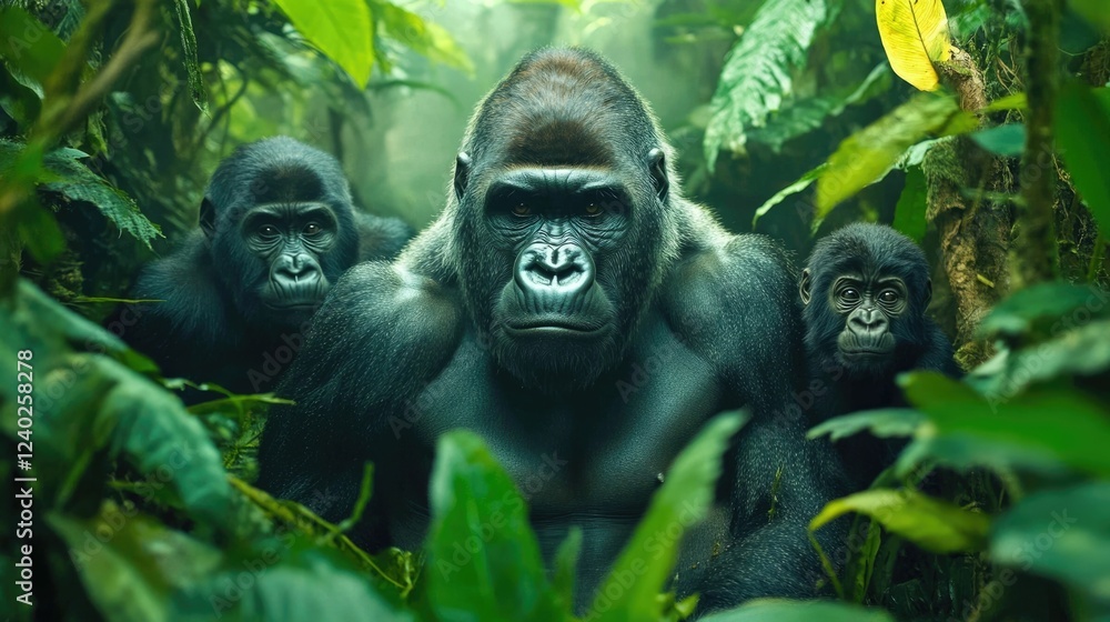 Obraz premium A family of majestic gorillas peacefully coexisting in their lush dense jungle habitat showcasing the success of conservation efforts to preserve this incredible natural environment