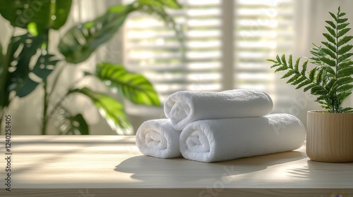 Soft white towels neatly stacked on a shelf surrounded by indoor plants in a ...