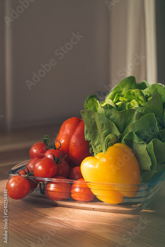 GenerAssorted fresh vegetables on the kitchen table. Paprika, lettuce, tomatoes. Healthy food. ated image. In a transparent bowl, lettuce leaves, paprika and tomatoes on a light background. photo