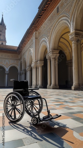 Empty wheelchair in a historic courtyard with arches and stone flooring at mi...