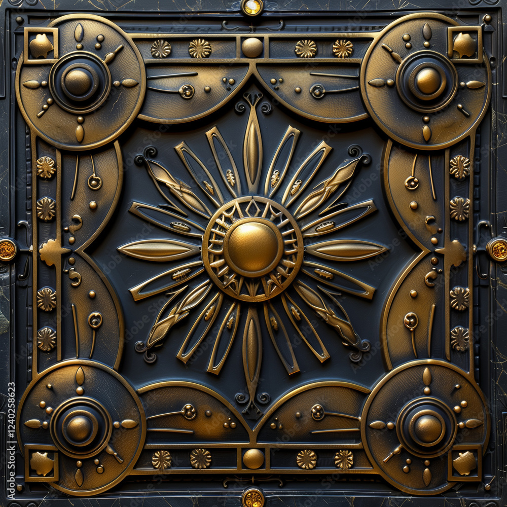 Naklejka premium Steampunk-inspired metallic tile with gears, cogs, and ornate patterns in gold and bronze tones.