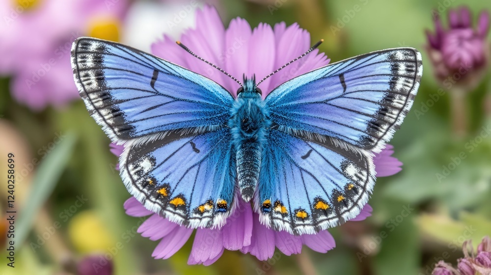 Captivating image of a beautiful blue and black butterfly gracefully resting on a vibrant purple wildflower in a serene and peaceful meadow setting The delicate insect s wings are spread Captivating image of a beautiful blue and black butterfly gracefully resting on a vibrant purple wildflower in a serene and peaceful meadow setting The delicate insect s wings are spread