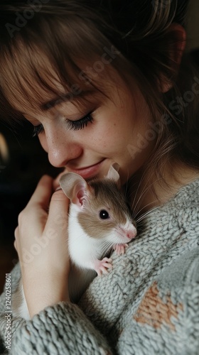 Young girl enjoying a tender moment with her pet hamster during a cozy indoor...