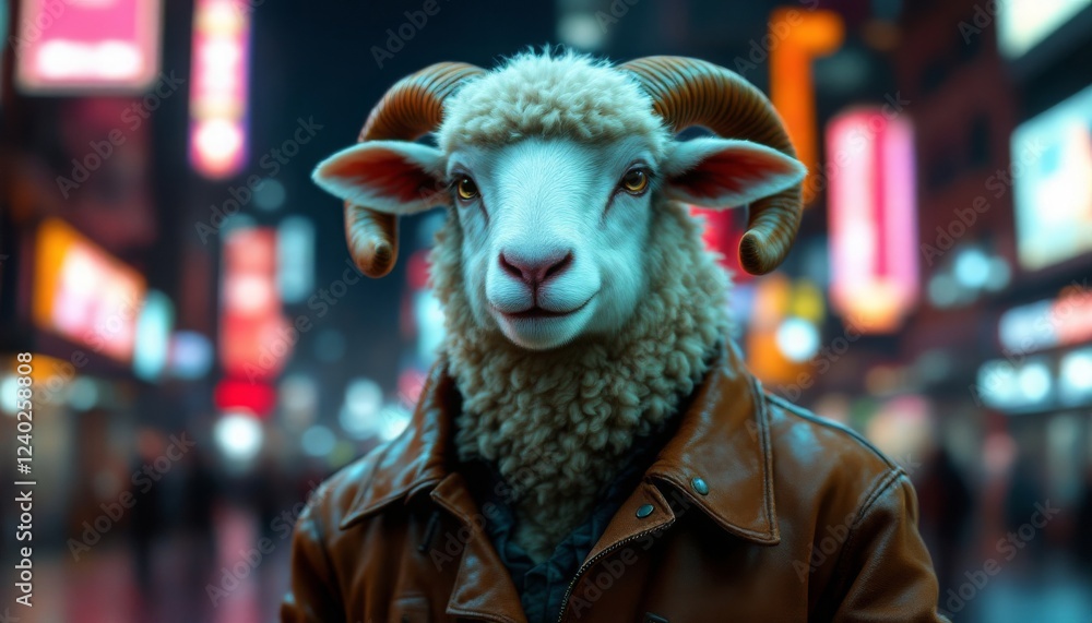 Obraz premium Sheep in Leather Jacket City Night Digital Art