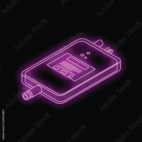 Neon purple iv bag glowing on a black background, representing healthcare, medicine, and infusion therapy