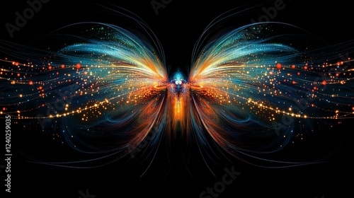 Colorful abstract design resembling butterfly wings with vibrant glowing elem...