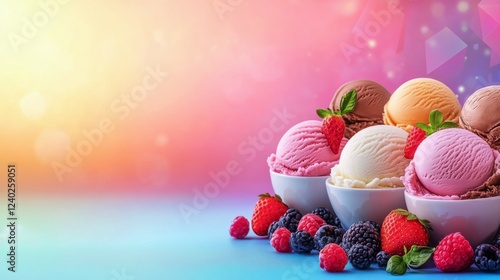Delicious ice cream assortment with fresh berries on colorful background