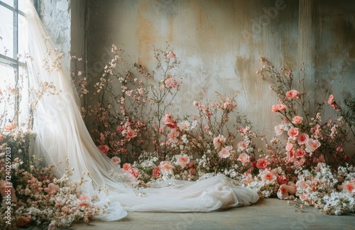 Elegant floral arrangement with soft drapery in a vintage interior setting