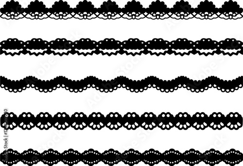 Elegant Black Lace Border Vector Set – Decorative Ornamental Trim, Vintage Floral and Scalloped Edge Patterns, Doily Cutout Design for Invitations, Crafts, Scrapbooking, and Digital Artwork