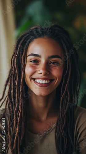 Smiling woman with dreadlocks enjoying a sunny day indoors in a vibrant, colo...