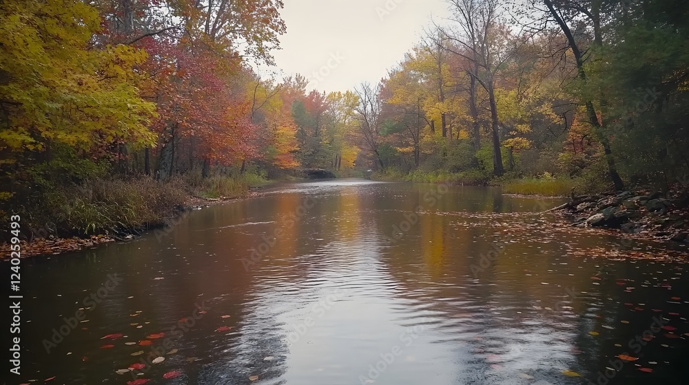 Fototapeta premium Serene autumn landscape, peaceful river reflecting vibrant fall foliage, ideal for nature-themed projects or relaxation.