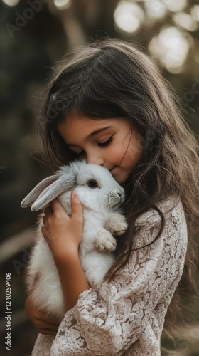 Little girl holding and cuddling a fluffy bunny in a warm indoor setting duri...
