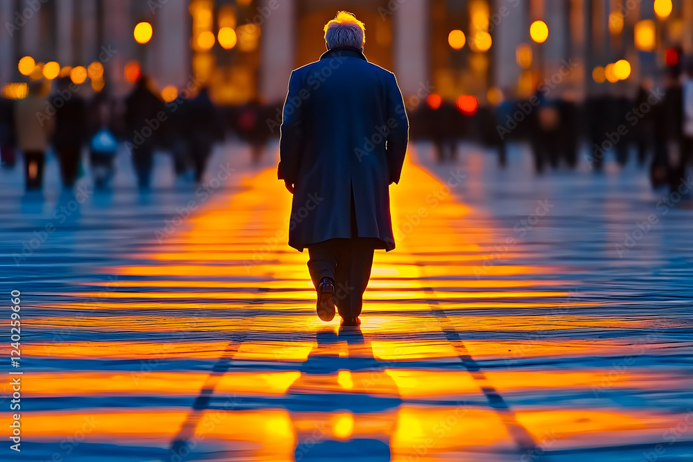 Obraz premium Mann im Mantel läuft durch Stadt bei Sonnenuntergang 