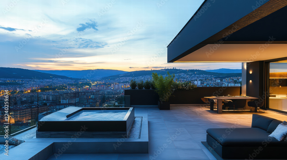 Fototapeta premium Luxurious penthouse with panoramic city views, modern design, and serene atmosphere. Enjoy sunset from spacious terrace featuring hot tub and elegant seating
