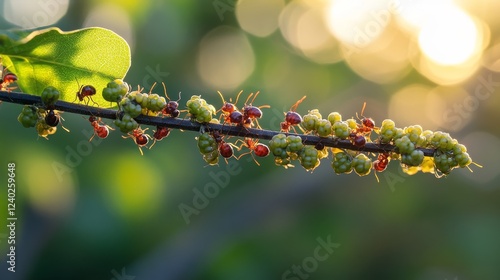 Ants gathering on a branch with green berries during sunset in a lush environ...
