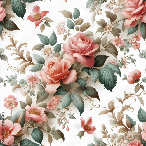 A seamless watercolor pattern featuring vibrant pink hibiscus flowers and lush green foliage against a soft white background.