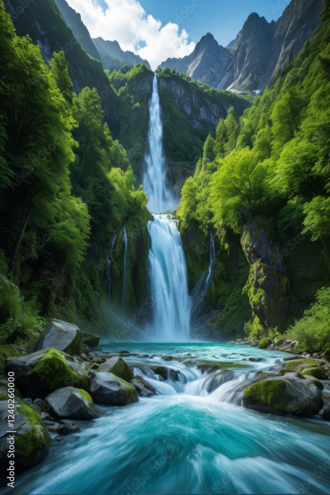 waterfall in the middle of a mountain with a blue river waterfall in the middle of a mountain with a blue river
