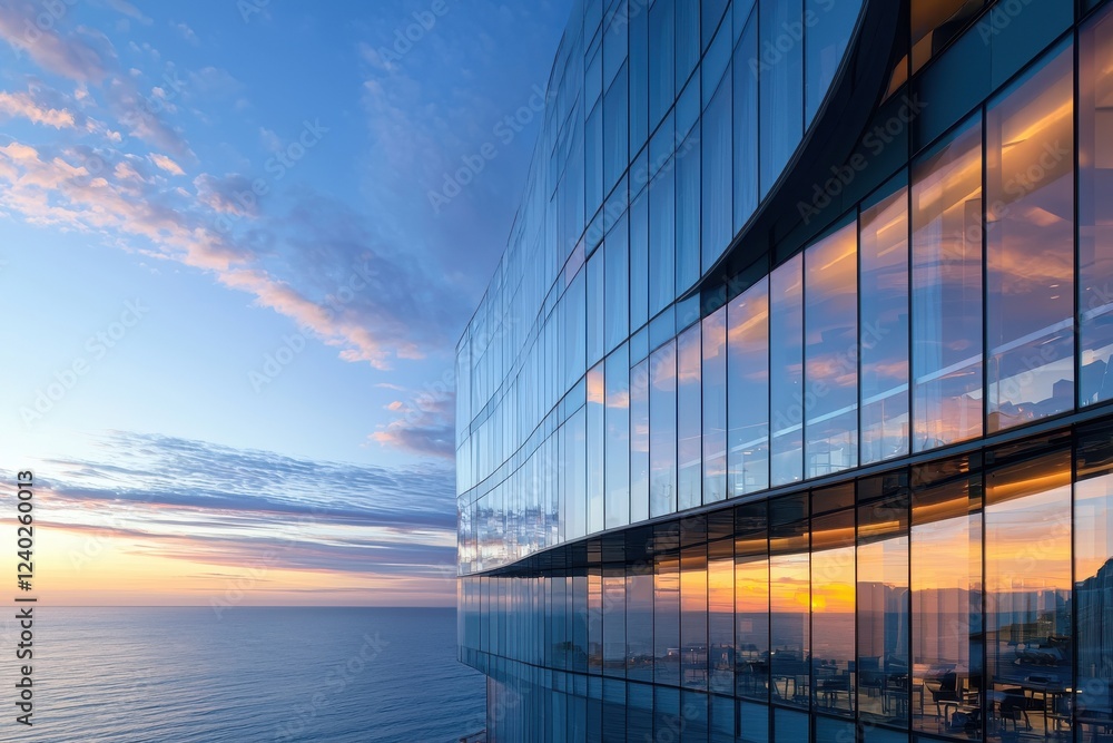 Naklejka premium A stunning modern skyscraper reflecting the sunset over the sea, showcasing elegant glass architecture and a captivating skyline view.