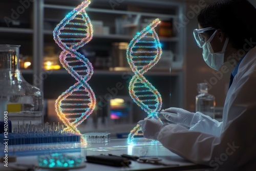 A hyper-realistic lab environment where scientists analyze holographic models of DNA strands, representing breakthroughs in genetic engineering.