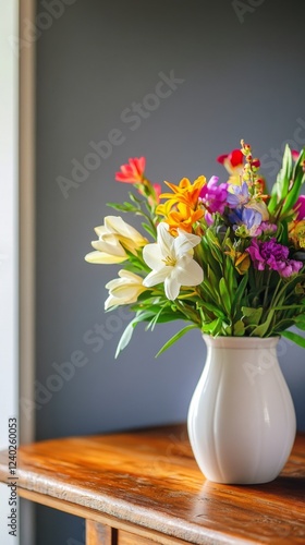 Colorful bouquet of fresh flowers displayed in a glass vase on a wooden table