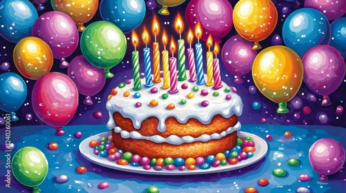Colorful birthday cake with candles and balloons at a festive celebration