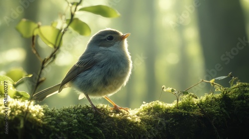 Young bird perched calmly on mossy log surrounded by lush greenery in forest