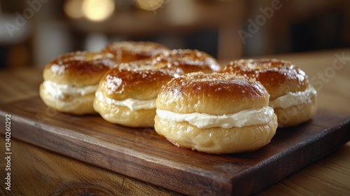 Cream-filled pastries arranged on a wooden board with soft lighting in a cozy...