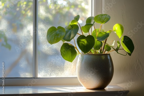 Fresh green leaves in a glass vase casting gentle shadows in soft light