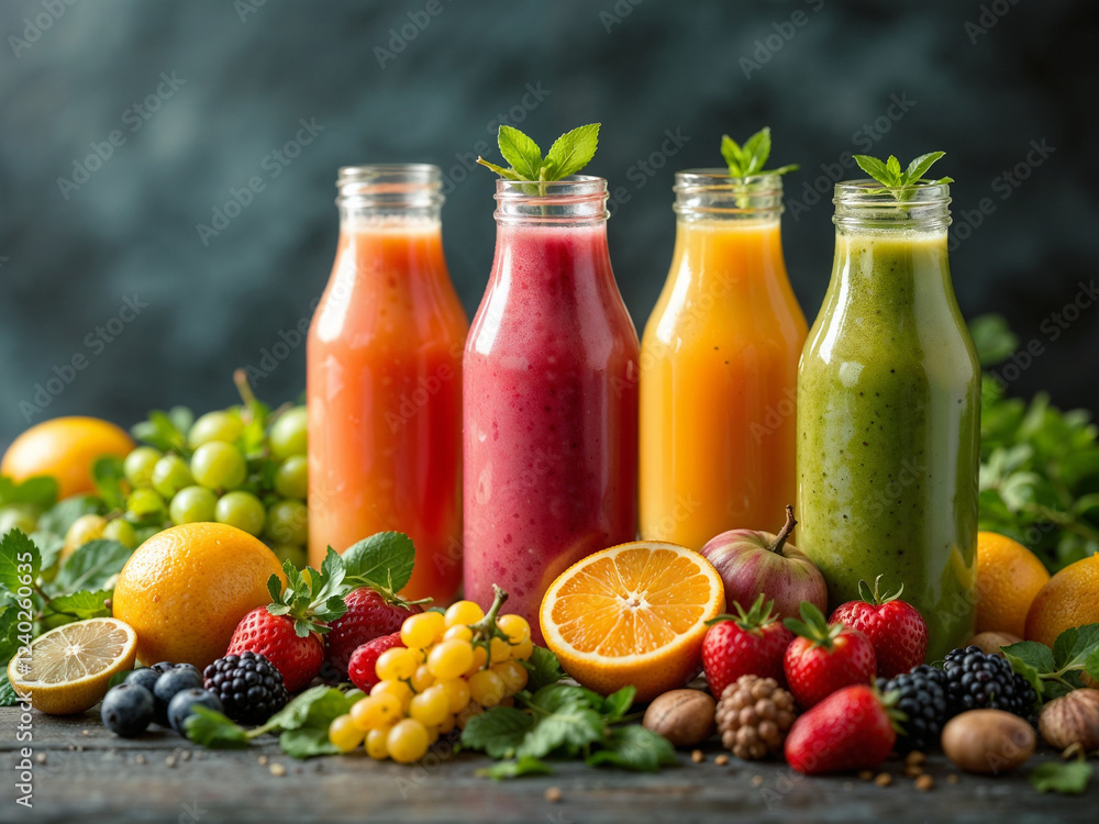 Colorful fruit smoothies displayed in glass bottles surrounded by fresh produce for healthy lifestyle Colorful fruit smoothies displayed in glass bottles surrounded by fresh produce for healthy lifestyle
