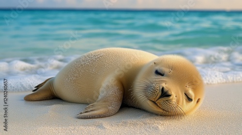 Cute seal pup relaxing on sandy beach at sunset by the ocean