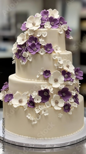 Elegant floral three-tier wedding cake decorated with lavender and white blos...