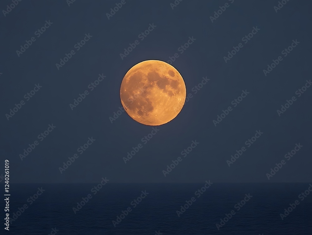 Stunning Orange Full Moon Over Calm Ocean Night Stunning Orange Full Moon Over Calm Ocean Night