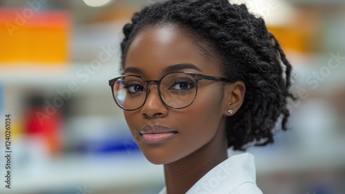 Young woman in lab coat smiling in modern laboratory