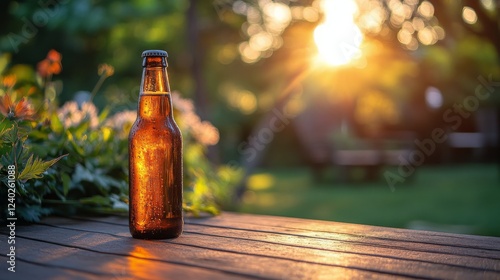 Sunlit amber bottle rests on wooden table in serene green garden setting
