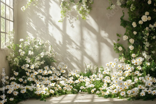 Bright sunlit room filled with blooming flowers and greenery near a large window