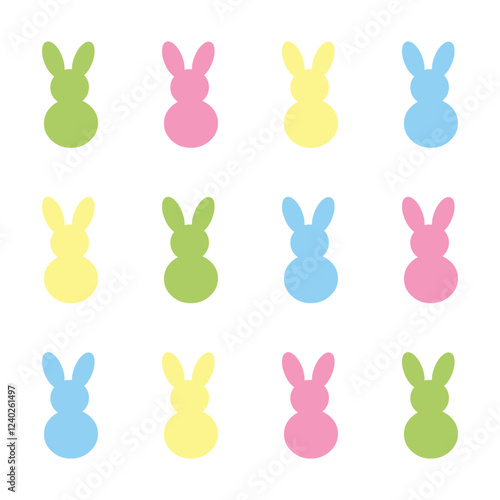 Vector colorful bunnies is sitting with his back at white background. Easter banner.